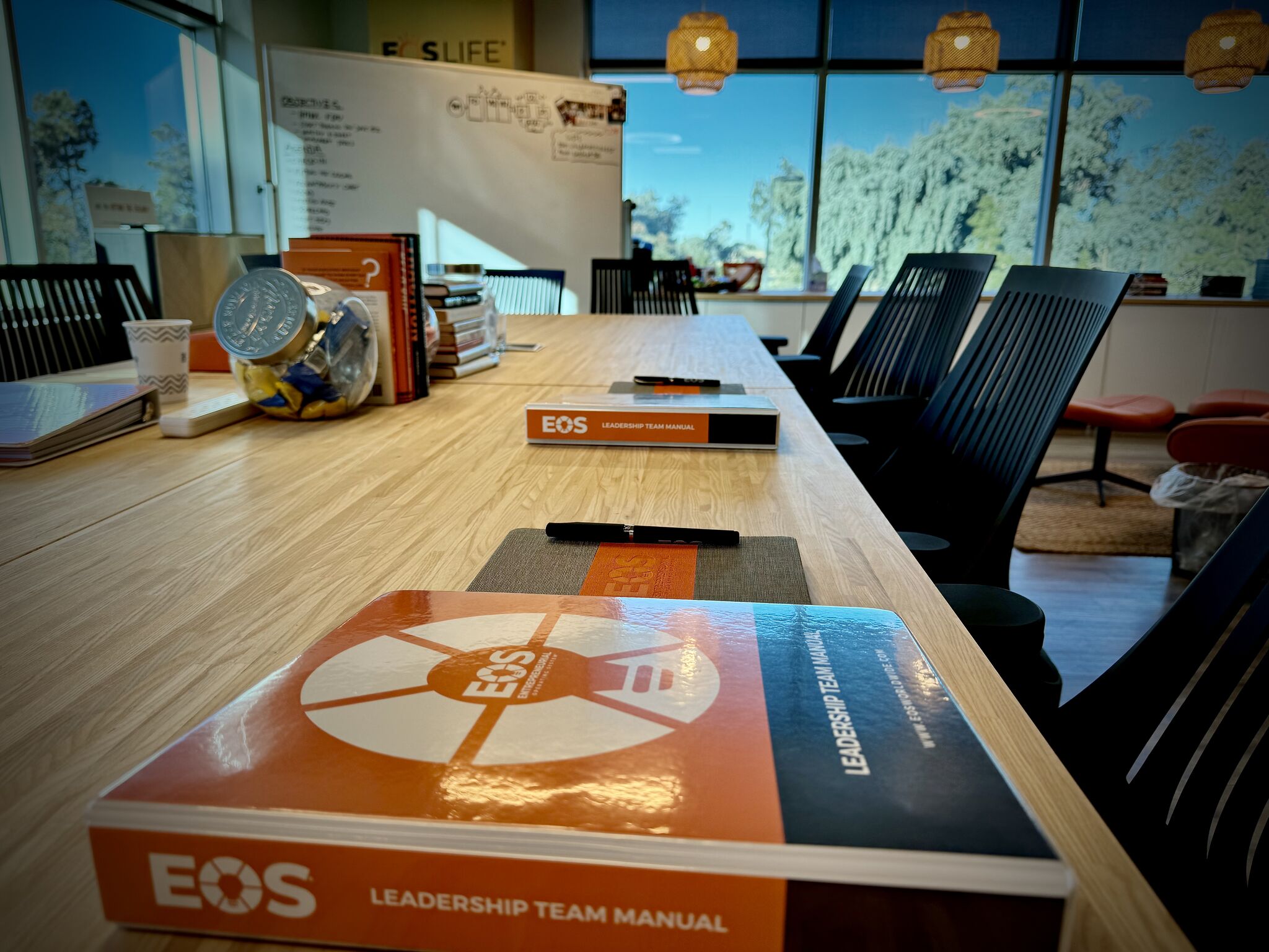 EOS Leadership Team Manuals and materials arranged for a leadership team session